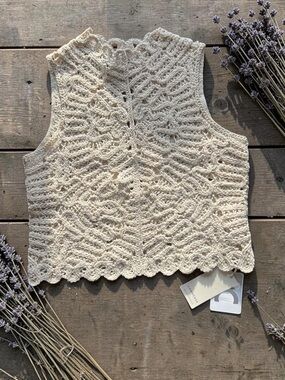 Hand-Crocheted Cream Knit Sleeveless Top